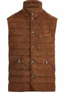 Men's American Brown Suede Leather 750 Down Quilted Vest Jacket for New Style - Picture 1 of 4