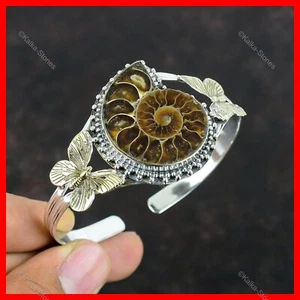 Valentines Sale Ammonite Fossil Gemstone 18K Gold Finish Silver Butterfly Bangle - Picture 1 of 6
