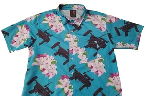 OAF NATION Blue Floral Machine Gun Button Up Hawaiian Shirt Mens L/XL **READ** - Picture 1 of 5
