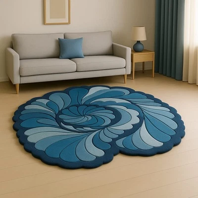 Blue Swirl Abstract Rug Hand Tufted Round Area Carpet for Living Room or Bedroom - Image 1 of 4