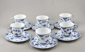 ROYAL COPENHAGEN BLUE FLUTED FULL LACE DEMITASSE CUPS & SAUCERS X 6 1038 MINT! - Picture 1 of 13