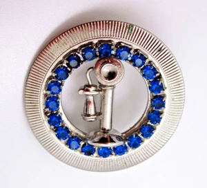 Old Fashioned Telephone Vintage Brooch Silver Tone Blue Gemstones Candlestick - Picture 1 of 8