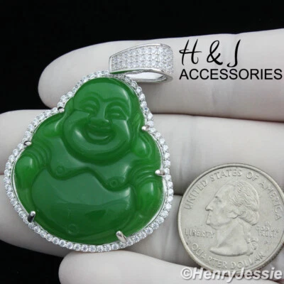COLGANTE DE BUDA DE PLATA ESTERLINA 925 SÓLIDA PARA HOMBRE ICY BLING VERDE JADE*ASP148 Foto 1 de 4