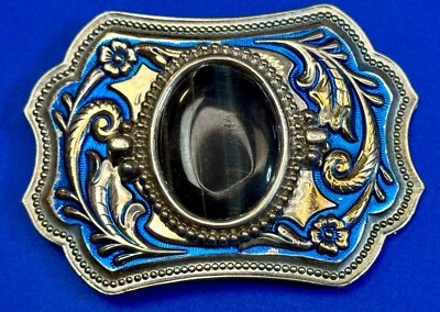 ¿Ojo de halcón negro?  Cabujón Stone Cab Vintage en Hebilla de Cinturón Color Azul Plateado Foto 1 de 4