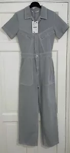 ZARA BLUE GREY COLLARED STRAIGHT LEG SOFT COTTON JUMPSUIT WITH POCKETS SIZE S - Picture 1 of 10