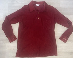 VINTAGE Velour Henley Polo Shirt XL Red Long Sleeve 70s 80s Disco Rugby - Picture 1 of 13