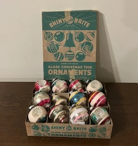 VTG Box 12 Shiny Brite Reflector Indent Stripe Mica Glass Christmas Ornaments - Picture 1 of 23
