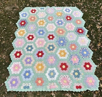 Vintage Grandmothers Flower Garden Quilt Mint Green Feedsack - Image 1 of 4