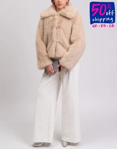 TOPSHOP Faux Fur Short Coat UK16 US12 IT48 2XL Lined Beige Hook & Eye Collared - Picture 1 of 8