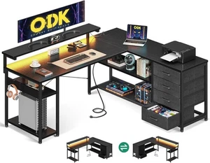 ODK Eckschreibtisch mit Schubladen, L-förmiger Gaming Schreibtisch mit LED-Leuchten & Steckdose - Bild 1 von 7