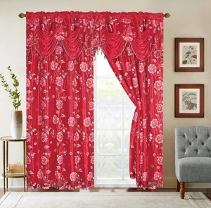 Flower Curtain Window Panel Set Luxury Curtains with Attached Valance and She... - Picture 1 of 7
