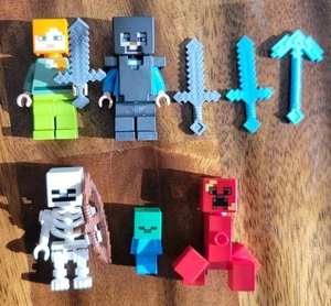Lego Minecraft Minifigure Steve w/ Armour, Orange Alex, Baby Zombie, Skeleton - Picture 1 of 3