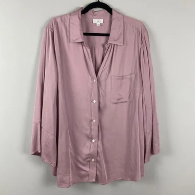 J Jill Button Up Shirt Size 2X Modal Satin Wide Sleeve Pocket Pink - Image 1 of 4