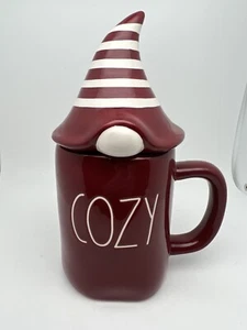 RAE DUNN COZY Mug & Gnome Topper Lid Burgundy Coffee Tea Cup Pre Own Not Used - Picture 1 of 10