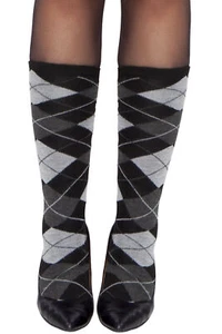 Womens School Girl Nerd Grey Argyle Knee High Socks Halloween Outfit Accessory - Picture 1 of 2