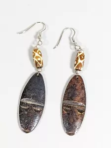 Silver Tone Brown Wood Tribal Style Mask Dangle Hook Earrings - Picture 1 of 7