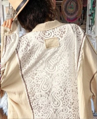  Free People 白色/米色超大波西米亚波西米亚衬衫上衣夹克衬衫 Xl  — 第 1/4 张图片