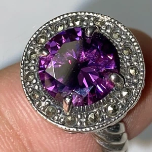 Ring size 6 purple crystal sterling Marcasite cocktail 10mm Stone  Fancy Setting - Picture 1 of 18