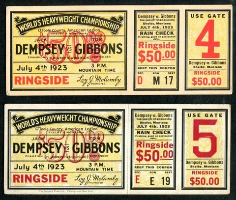 1923 Boxing Jack Dempsey vs. Tommy Gibbons Shelby World Heavyweight Title Ticket Cover