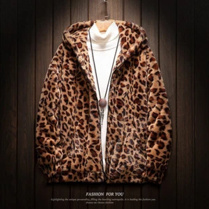 Winter Men's Hooded Plush Lambwool Jacket Outwear Faux Fur Leopard Outdoor Warm - Picture 1 of 14