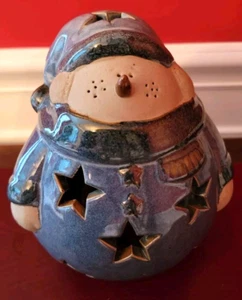 Kirkland ? Ceramic Snowman Tealight Holder Pottery Cutout Decor Figurine Chubby - Picture 1 of 10
