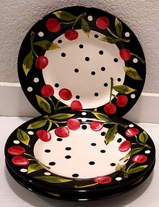 Tabletops Unlimited Boulevard Dinner Plates Fruit Cherry Polka Dot - 3 Piece Set - Picture 1 of 4