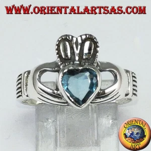 Anello Claddagh in Argento 925 con Topazio Azzurro Sintetico - Foto 1 di 4