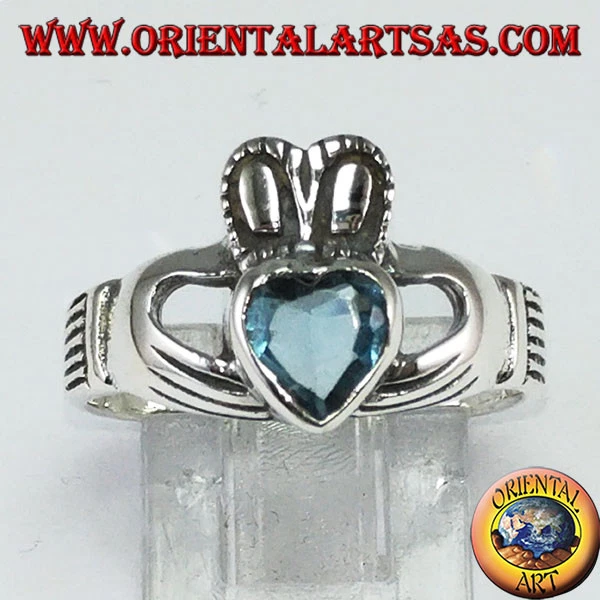 Anello Claddagh in Argento 925 con Topazio Azzurro Sintetico - Immagine 1 di 1