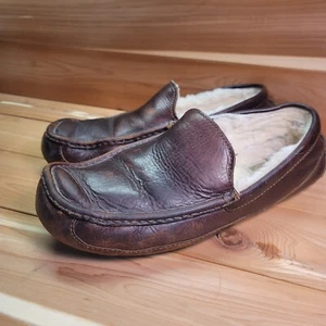 UGG Pantofole Uomo 10 Marrone Pelle Ascot Foderato Pelle di Pecora Mocassini Scarpe Slip On - Foto 1 di 10