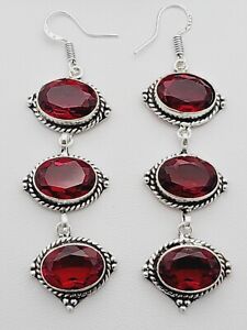 Mozambique Red Garnet Gemstones Earrings 3 in .925 Sterling Silver Dangle/Drop