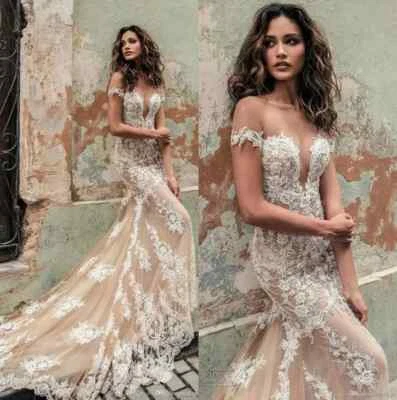 Sexy Strapless Mermaid Wedding Dresses V Neck Lace Sweep Train Bridal Gowns - Image 1 of 4