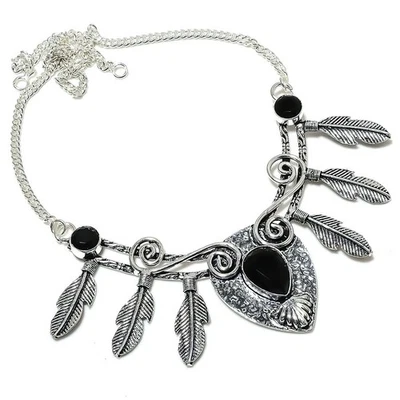 Nero Spinello Gemma a Mano 925 Argento Sterling Gioielli Collana - Immagine 1 di 4