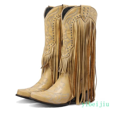 Mujeres Flecos Borla Tacón Bloque Tirar en la mitad de la pantorrilla Vaquero Botas del Oeste Zapatos Foto 1 de 4