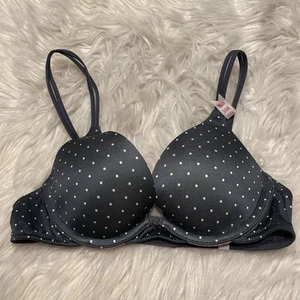 Victorias Secret PINK 32A Bra Gray Polka Dot Push Up Underwire Back Closure NEW - Picture 1 of 8