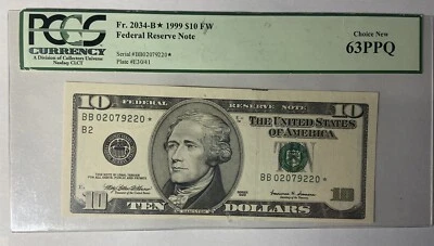 FR. 2034-B* 1999 $10 FW *STAR* FEDERAL RESERVE NOTE  NEW 63PPQ - Image 1 of 2