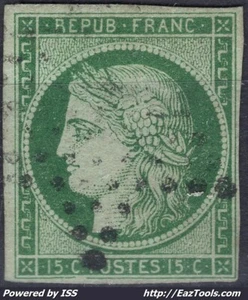 FRANCE TYPE CERES 15c VERT N° 2 AVEC OBLITERATION ETOILE MUETTE DE PARIS - Picture 1 of 2