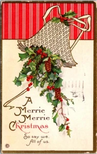 Christmas Bell Ribbon Pine Cone Stripes Gold Embossed Stecher c1910 postcard EP2 - Picture 1 of 2