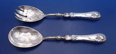 Antiguo juego de servir ensalada de plata 800 con flores de corte brillante en tazón Foto 1 de 4