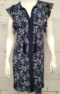 Michael Kors Size XS Navy Blue Floral Tassel Neckline Flutter Sleeve Shift Dress - Picture 1 of 6