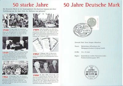 Germany 1998 Erstausgabe FDC Sc 2007 Mi 1996 Deutsche Mark 50th ann.Money Coins - Image 1 of 2