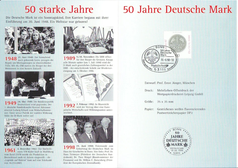 Germany 1998 Erstausgabe FDC Sc 2007 Mi 1996 Deutsche Mark 50th ann.Money Coins - Image 1 of 2