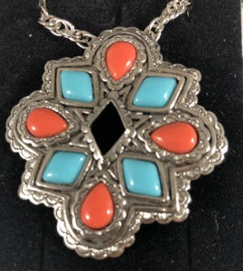 Vintage Avon American Spirit Pin Pendant Necklace Faux Turquoise & Coral w/ box - Picture 1 of 5