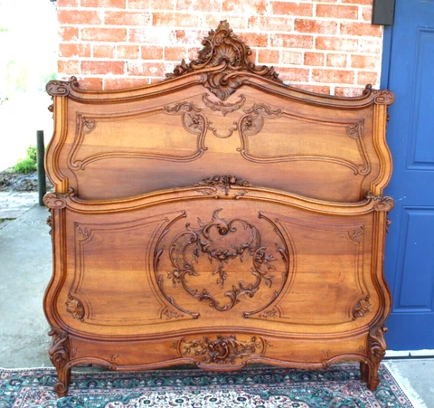 French Antique Carved Walnut Louis XV Queen Size Bed Cover
