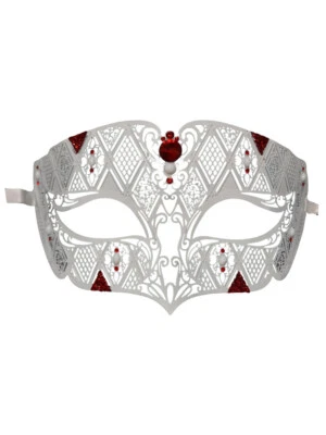 White Red Glittered Men Laser Cut Diamond Design Masquerade Metal Mask - Image 1 of 2