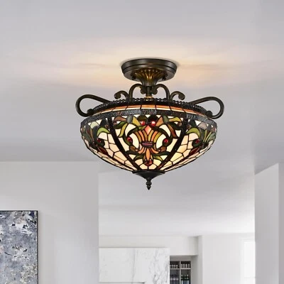 TIFFANY STYLE BOHEMO SEMI FLUSH STAINED GLASS COMPLETE CEILING LIGHT 16x11 inch - Image 1 of 4