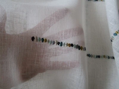 Embroidered Blue Green Flower Stripe Ivory Sheer wide Curtain Fabric 74"x114" - Image 1 of 4