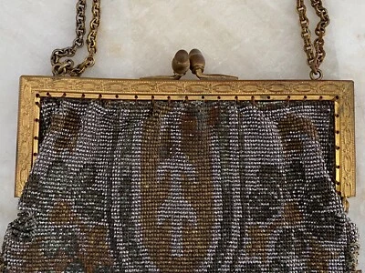 Старинный ар-деко французский стальной бусина бисером бахрома сумочки клатч Flapper сумка - Изображение 1 из 4