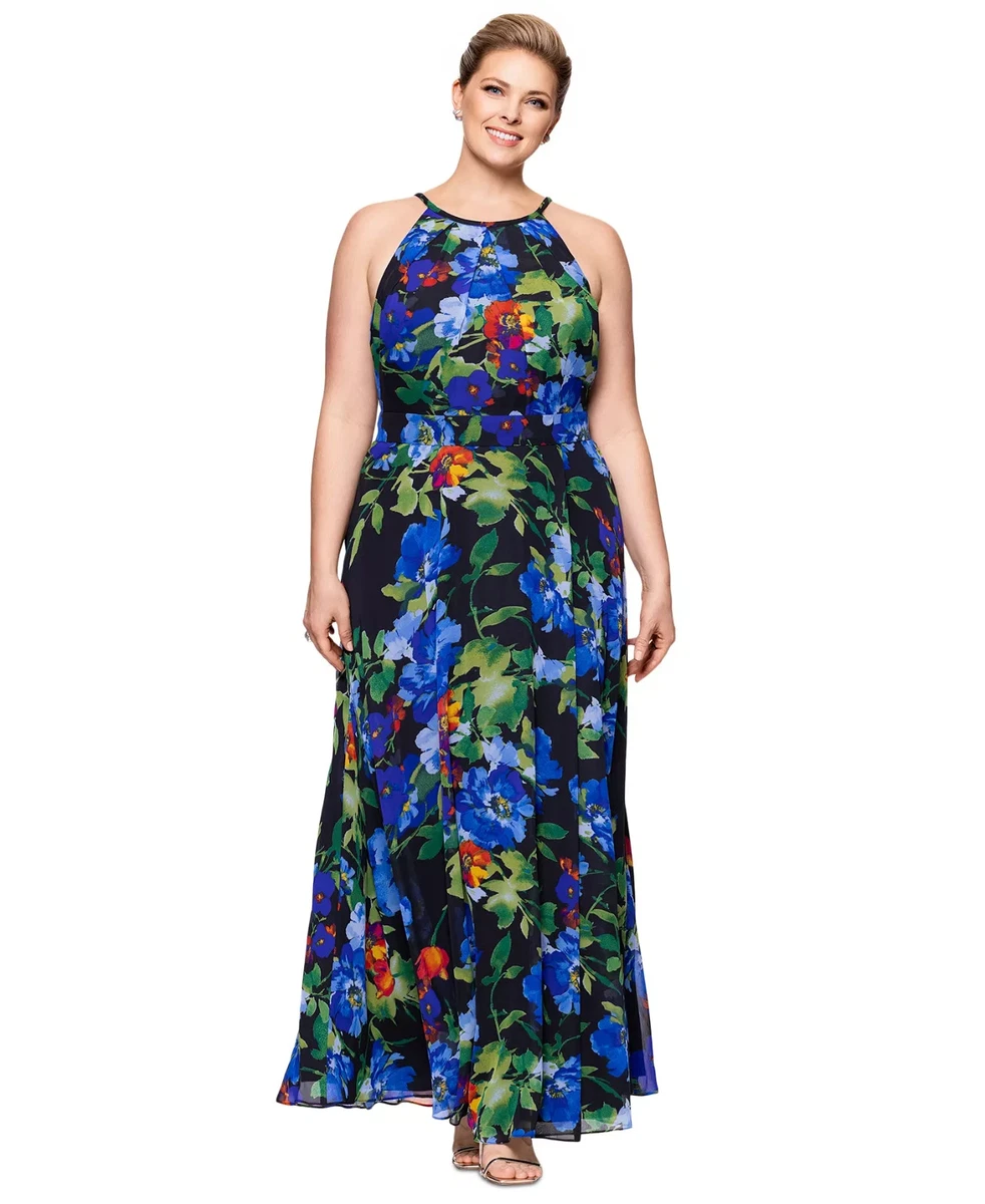 Betsy & Adam Women's Long Halter Chiffon Gown - Metallic Ruffle Detail, Clip Dot Design - View #5
