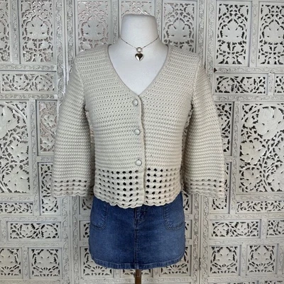 Style & Co Cream Chunky Knit 3/4 Sleeve Crochet Style Cropped Cardigan Sz Small - Image 1 of 4