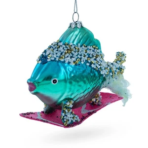 Cool Blue Fish Surfing Wave Blown Glass Christmas Ornament - Picture 1 of 5